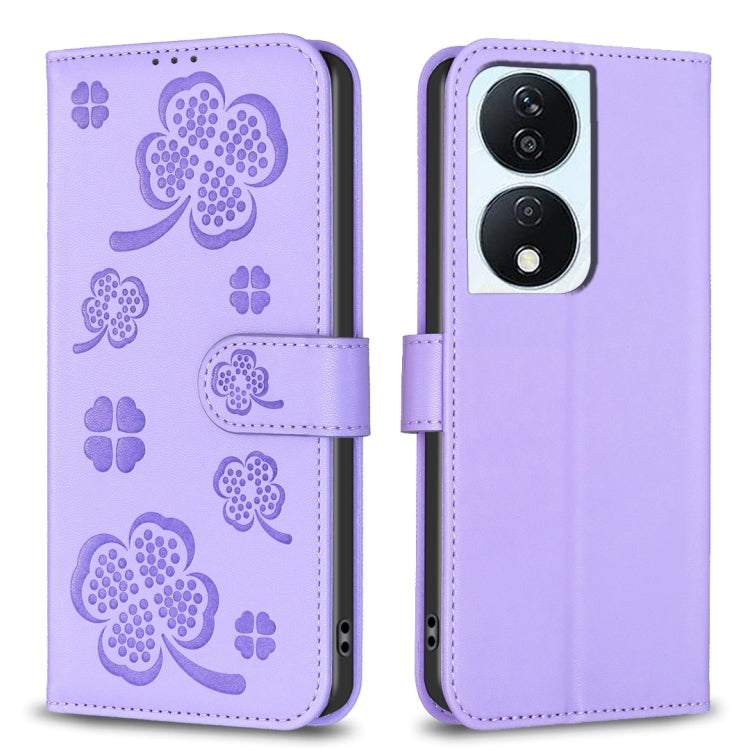 For Honor X7b Four-leaf Embossed Leather Phone Case(Purple)