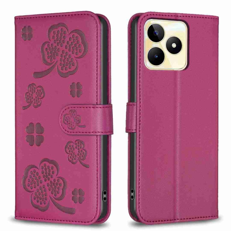 For Realme C53 Four-leaf Embossed Leather Phone Case(Rose Red)