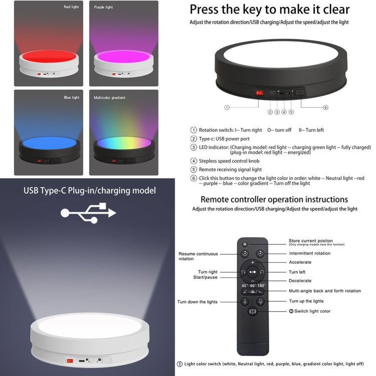 22cm Colorful LED Light Electric Rotating Display Stand Turntable, Style:Battery Charging(White)