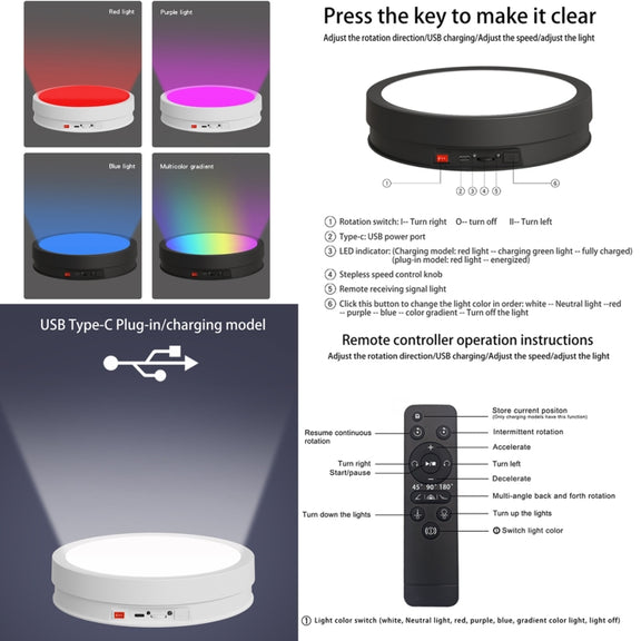 22cm Colorful LED Light Electric Rotating Display Stand Turntable, Style:Battery Charging(White)
