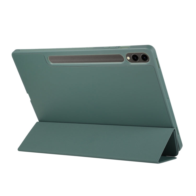 For Samsung Galaxy Tab S9 FE+ 3-Fold Pure Color TPU Leather Tablet Case with Pen Slot(Dark Green)