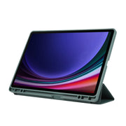 For Samsung Galaxy Tab S9 FE+ 3-Fold Pure Color TPU Leather Tablet Case with Pen Slot(Dark Green)