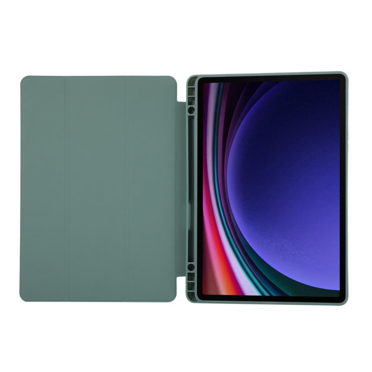 For Samsung Galaxy Tab S9 3-Fold Pure Color TPU Leather Tablet Case with Pen Slot(Dark Green)