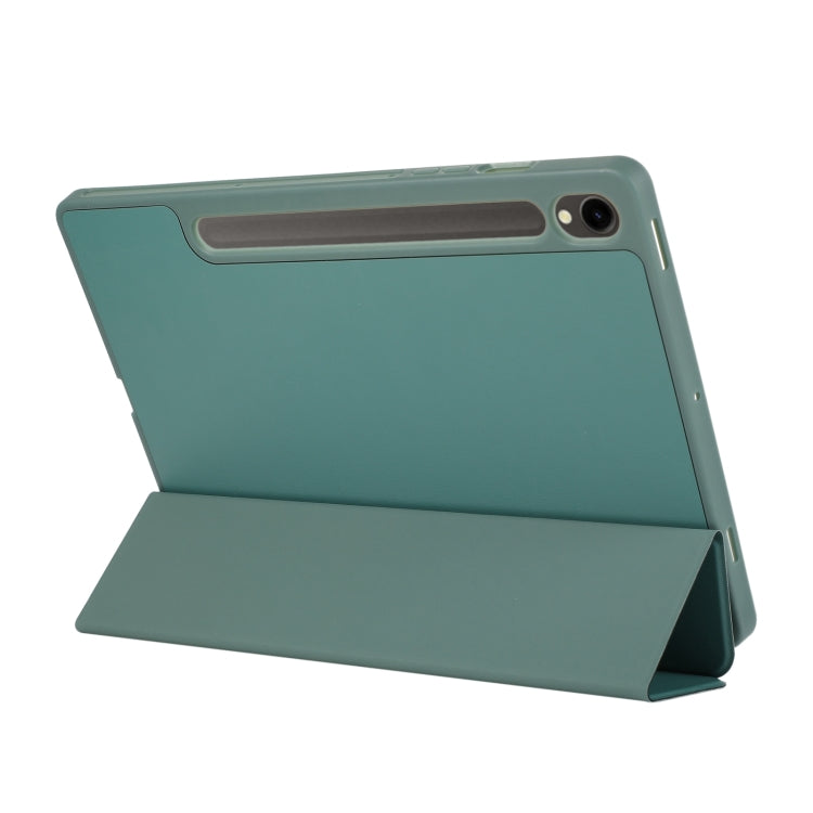 For Samsung Galaxy Tab S9 3-Fold Pure Color TPU Leather Tablet Case with Pen Slot(Dark Green)