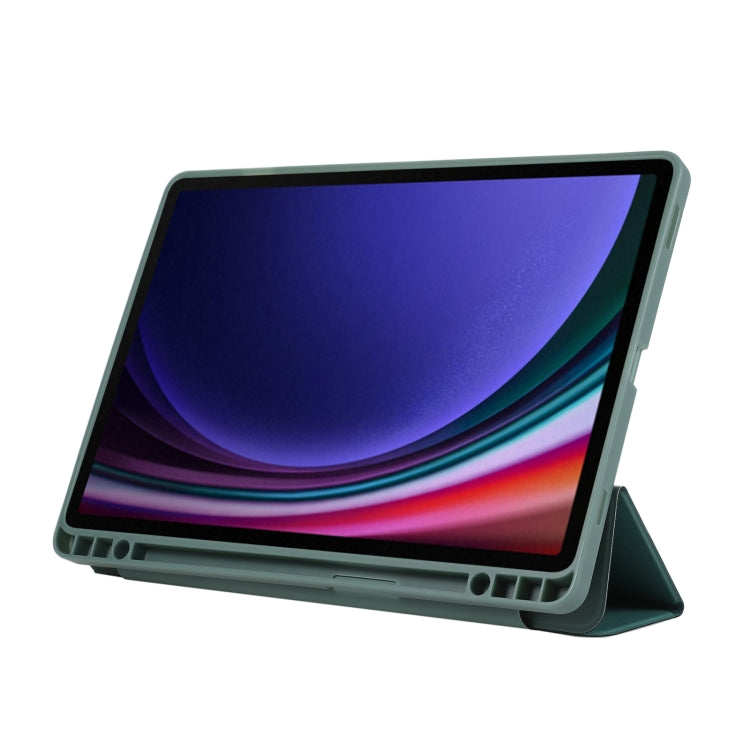 For Samsung Galaxy Tab S9 3-Fold Pure Color TPU Leather Tablet Case with Pen Slot(Dark Green)