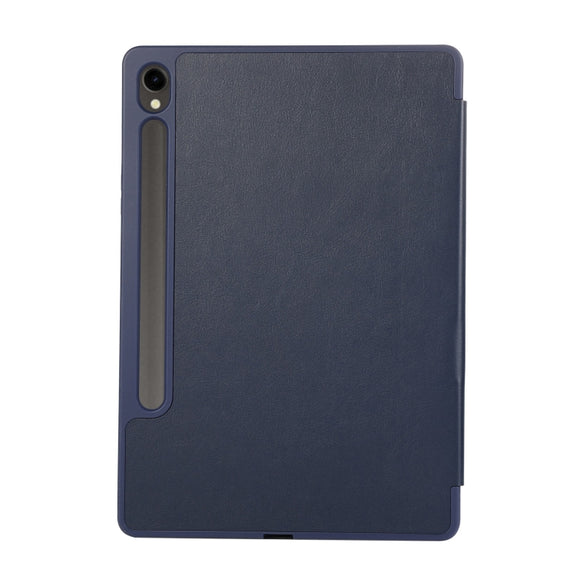 For Samsung Galaxy Tab S10 FE /  S9 3-Fold Pure Color TPU Leather Tablet Case with Pen Slot(Dark Blue)