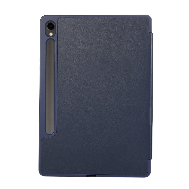 For Samsung Galaxy Tab S10 FE /  S9 3-Fold Pure Color TPU Leather Tablet Case with Pen Slot(Dark Blue)