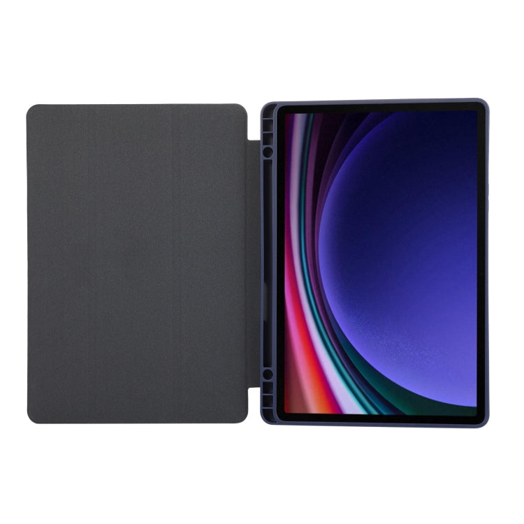 For Samsung Galaxy Tab S10 FE /  S9 3-Fold Pure Color TPU Leather Tablet Case with Pen Slot(Dark Blue)