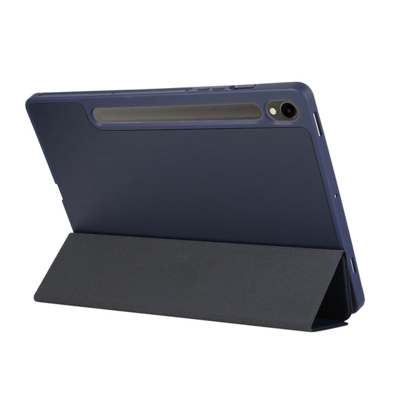 For Samsung Galaxy Tab S10 FE /  S9 3-Fold Pure Color TPU Leather Tablet Case with Pen Slot(Dark Blue)