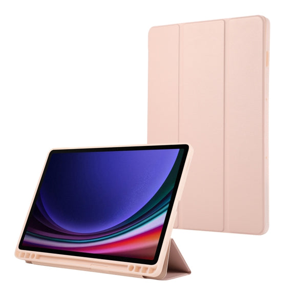 For Samsung Galaxy Tab S10 FE /  S9 3-Fold Pure Color TPU Leather Tablet Case with Pen Slot(Pink)