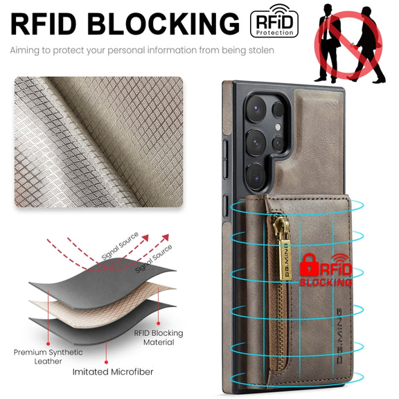 For Samsung Galaxy S24 Ultra 5G DG.MING M5 Series Zip RFID Multi Card Detachable Leather Phone Case(Coffee)