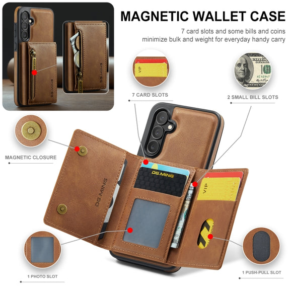 For Samsung Galaxy S24+ 5G DG.MING M5 Series Zip RFID Multi Card Detachable Leather Phone Case(Brown)