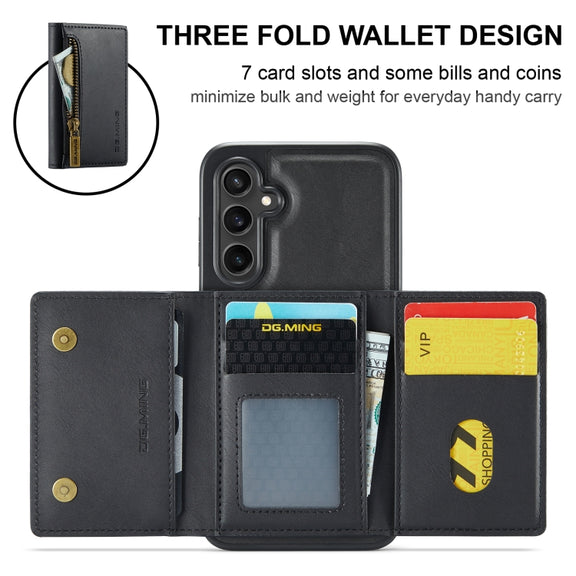 For Samsung Galaxy S24 FE 5G DG.MING M5 Series Zip RFID Multi Card Detachable Leather Phone Case(Black)