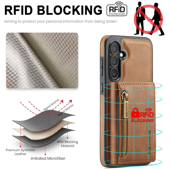 For Samsung Galaxy S24 FE 5G DG.MING M5 Series Zip RFID Multi Card Detachable Leather Phone Case(Brown)