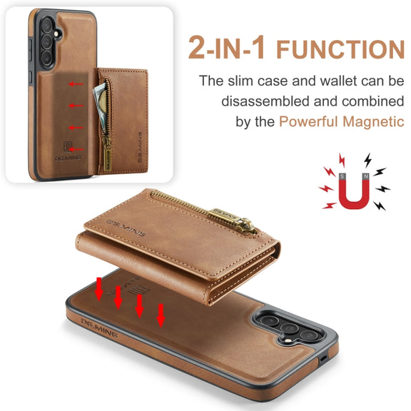 For Samsung Galaxy S24 FE 5G DG.MING M5 Series Zip RFID Multi Card Detachable Leather Phone Case(Brown)