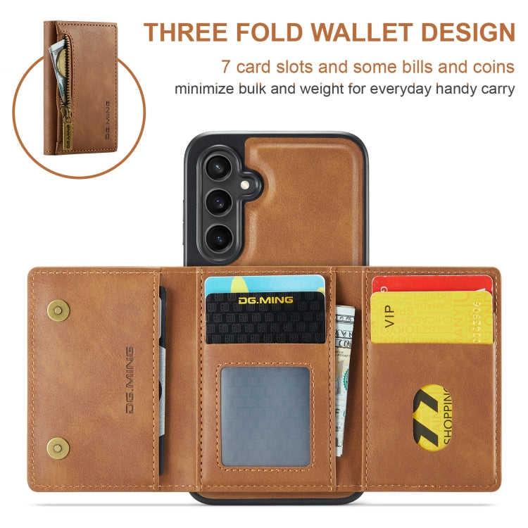 For Samsung Galaxy S24 FE 5G DG.MING M5 Series Zip RFID Multi Card Detachable Leather Phone Case(Brown)