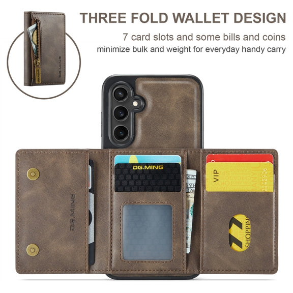 For Samsung Galaxy S24 FE 5G DG.MING M5 Series Zip RFID Multi Card Detachable Leather Phone Case(Coffee)