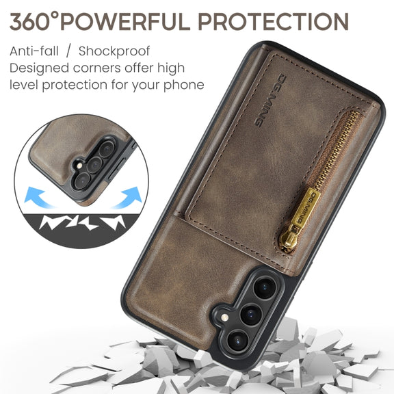 For Samsung Galaxy S24 FE 5G DG.MING M5 Series Zip RFID Multi Card Detachable Leather Phone Case(Coffee)
