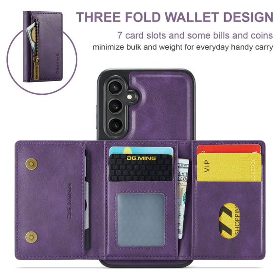 For Samsung Galaxy S24 FE 5G DG.MING M5 Series Zip RFID Multi Card Detachable Leather Phone Case(Purple)