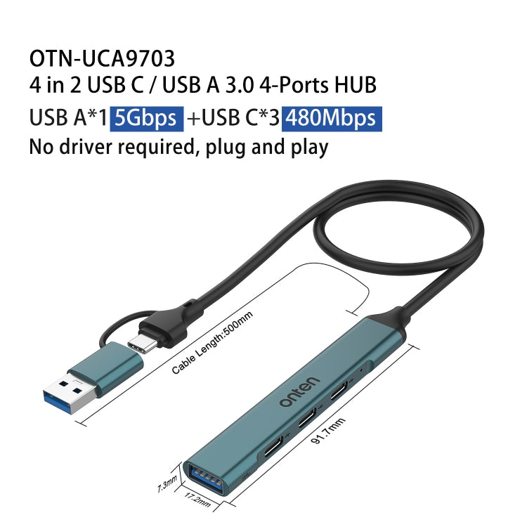 Onten UCA9703 4 in 2 USB 3.0 + Type-C to 3 Type-C + USB HUB Docking Station (Pine Needle Green)