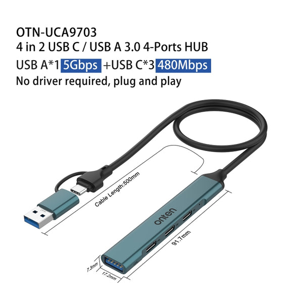 Onten UCA9703 4 in 2 USB 3.0 + Type-C to 3 Type-C + USB HUB Docking Station (Pine Needle Green)