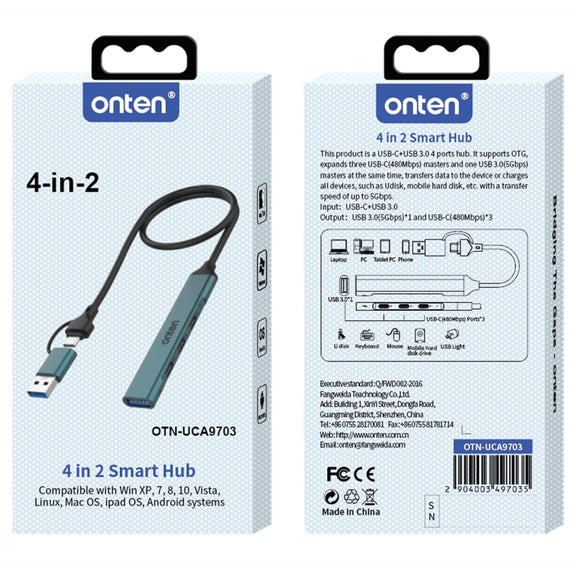Onten UCA9703 4 in 2 USB 3.0 + Type-C to 3 Type-C + USB HUB Docking Station (Pine Needle Green)