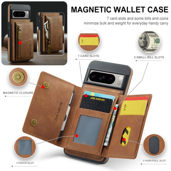 For Google Pixel 8 Pro DG.MING M5 Series Zip RFID Multi Card Detachable Leather Phone Case(Brown)