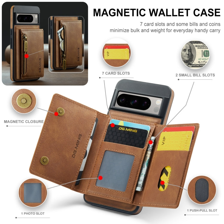 For Google Pixel 8 Pro DG.MING M5 Series Zip RFID Multi Card Detachable Leather Phone Case(Brown)