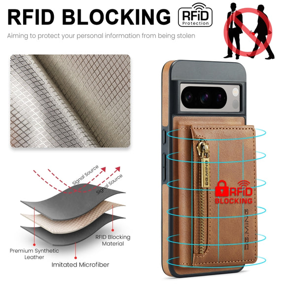 For Google Pixel 8 Pro DG.MING M5 Series Zip RFID Multi Card Detachable Leather Phone Case(Brown)