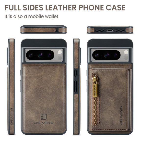 For Google Pixel 8 Pro DG.MING M5 Series Zip RFID Multi Card Detachable Leather Phone Case(Coffee)
