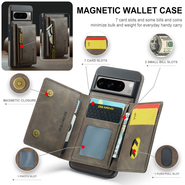 For Google Pixel 8 Pro DG.MING M5 Series Zip RFID Multi Card Detachable Leather Phone Case(Coffee)