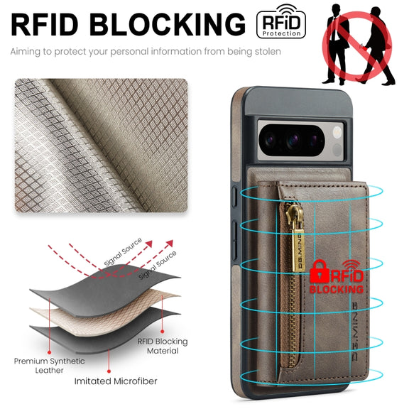 For Google Pixel 8 Pro DG.MING M5 Series Zip RFID Multi Card Detachable Leather Phone Case(Coffee)