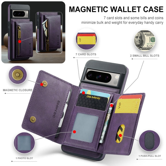 For Google Pixel 8 Pro DG.MING M5 Series Zip RFID Multi Card Detachable Leather Phone Case(Purple)
