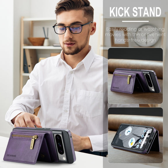 For Google Pixel 8 Pro DG.MING M5 Series Zip RFID Multi Card Detachable Leather Phone Case(Purple)