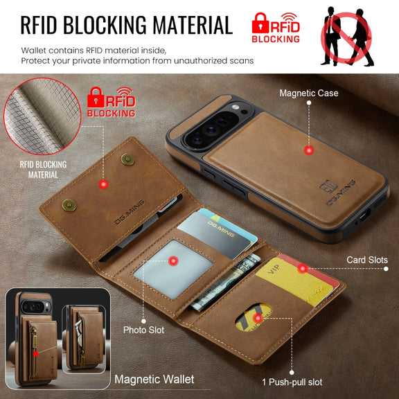 For Google Pixel 9 Pro XL DG.MING M5 Series Zip RFID Multi Card Detachable Leather Phone Case(Brown)