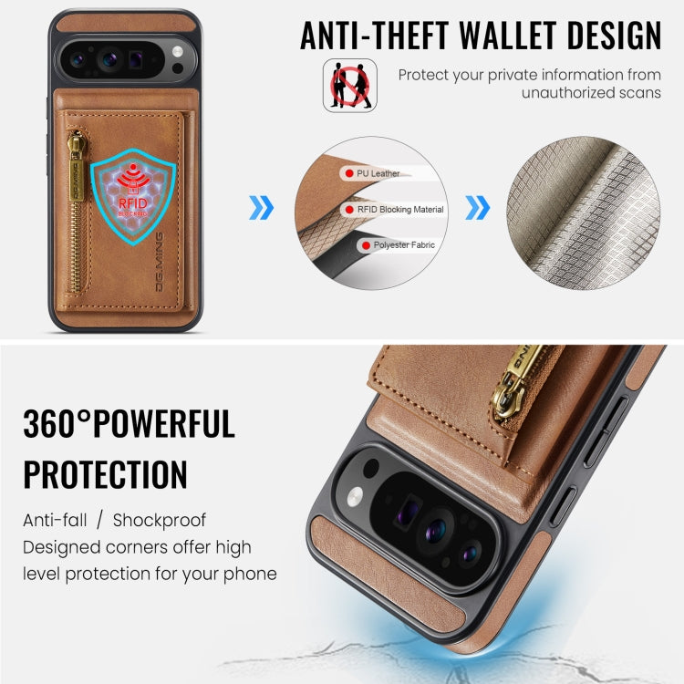 For Google Pixel 9 Pro XL DG.MING M5 Series Zip RFID Multi Card Detachable Leather Phone Case(Brown)