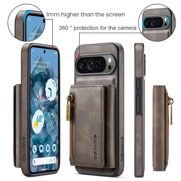 For Google Pixel 9 Pro XL DG.MING M5 Series Zip RFID Multi Card Detachable Leather Phone Case(Coffee)