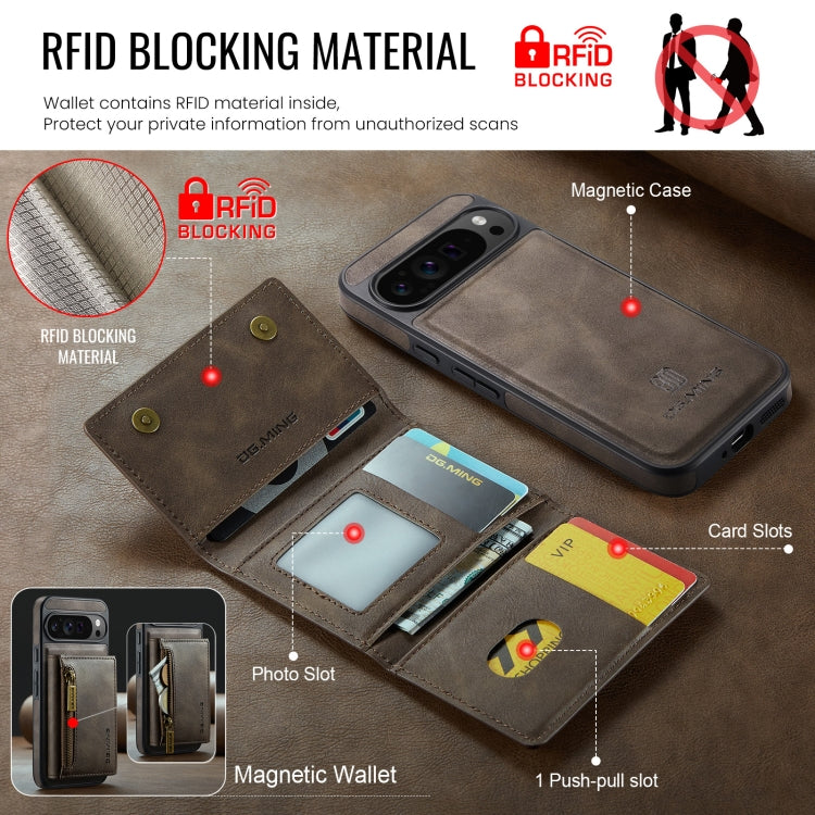For Google Pixel 9 Pro XL DG.MING M5 Series Zip RFID Multi Card Detachable Leather Phone Case(Coffee)