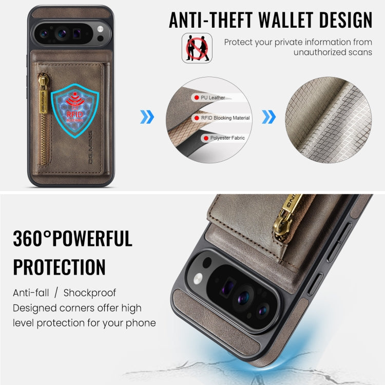 For Google Pixel 9 Pro XL DG.MING M5 Series Zip RFID Multi Card Detachable Leather Phone Case(Coffee)