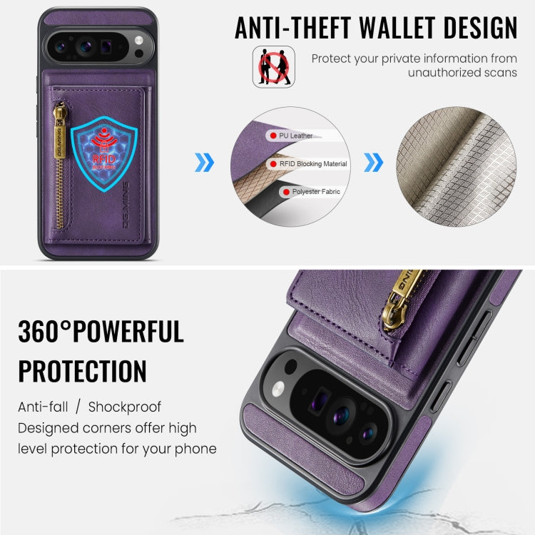 For Google Pixel 9 Pro XL DG.MING M5 Series Zip RFID Multi Card Detachable Leather Phone Case(Purple)