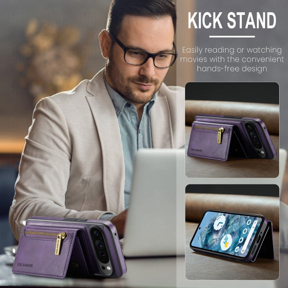 For Google Pixel 9 Pro XL DG.MING M5 Series Zip RFID Multi Card Detachable Leather Phone Case(Purple)