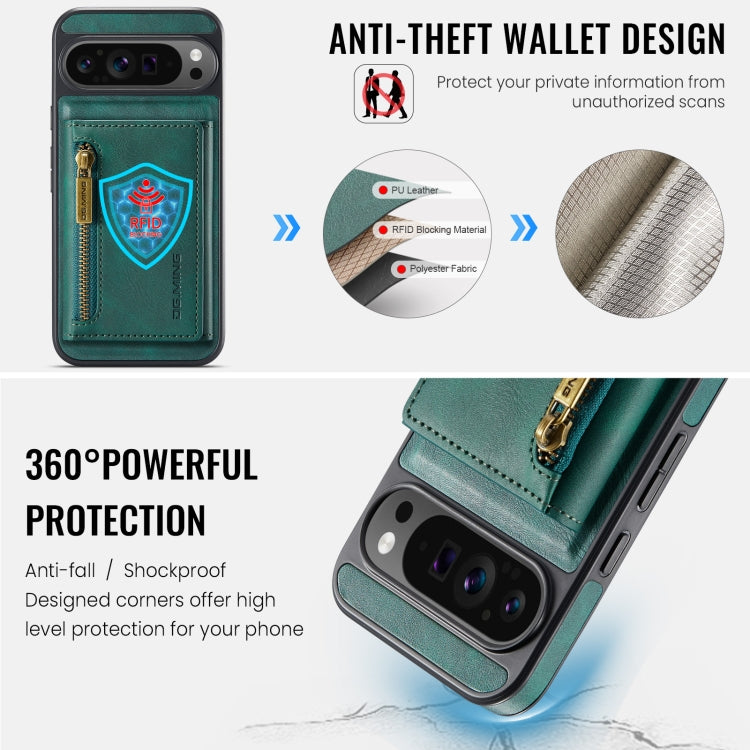 For Google Pixel 9 Pro XL DG.MING M5 Series Zip RFID Multi Card Detachable Leather Phone Case(Green)