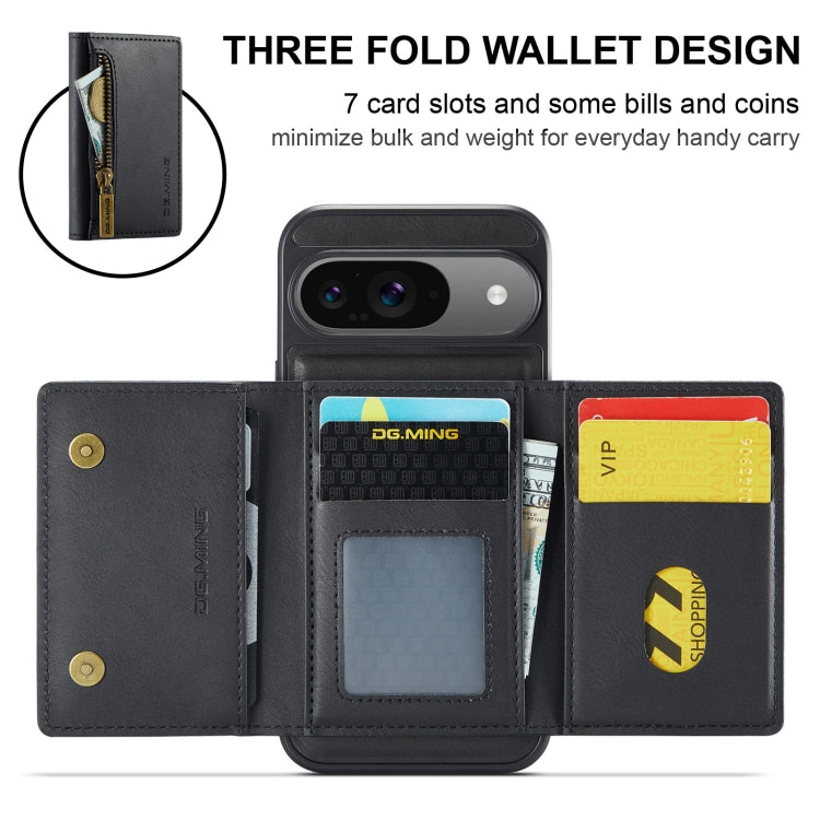 For Google Pixel 9 / 9 Pro DG.MING M5 Series Zip RFID Multi Card Detachable Leather Phone Case(Black)