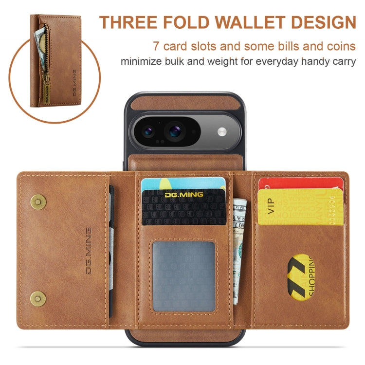 For Google Pixel 9 / 9 Pro DG.MING M5 Series Zip RFID Multi Card Detachable Leather Phone Case(Brown)
