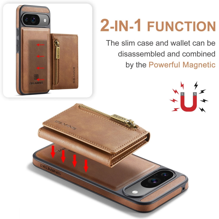 For Google Pixel 9 / 9 Pro DG.MING M5 Series Zip RFID Multi Card Detachable Leather Phone Case(Brown)