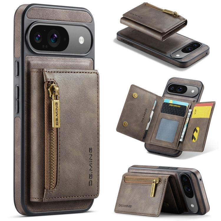 For Google Pixel 9 / 9 Pro DG.MING M5 Series Zip RFID Multi Card Detachable Leather Phone Case(Coffee)