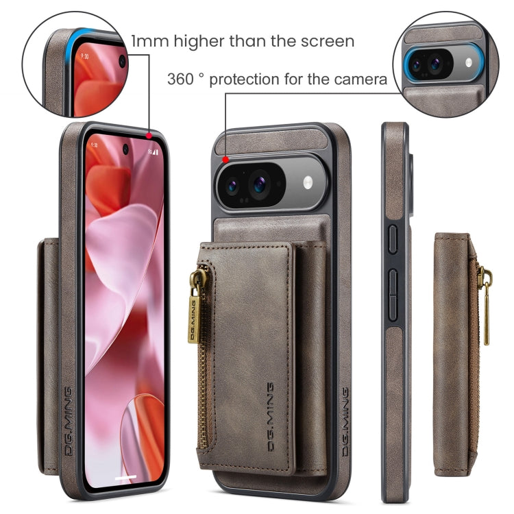 For Google Pixel 9 / 9 Pro DG.MING M5 Series Zip RFID Multi Card Detachable Leather Phone Case(Coffee)