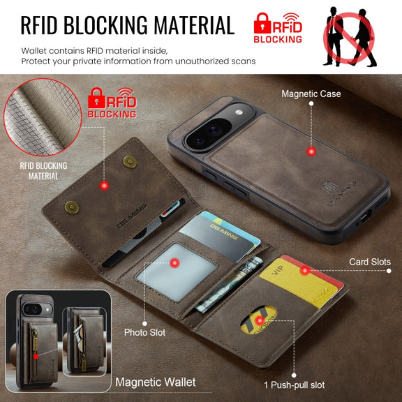 For Google Pixel 9 / 9 Pro DG.MING M5 Series Zip RFID Multi Card Detachable Leather Phone Case(Coffee)
