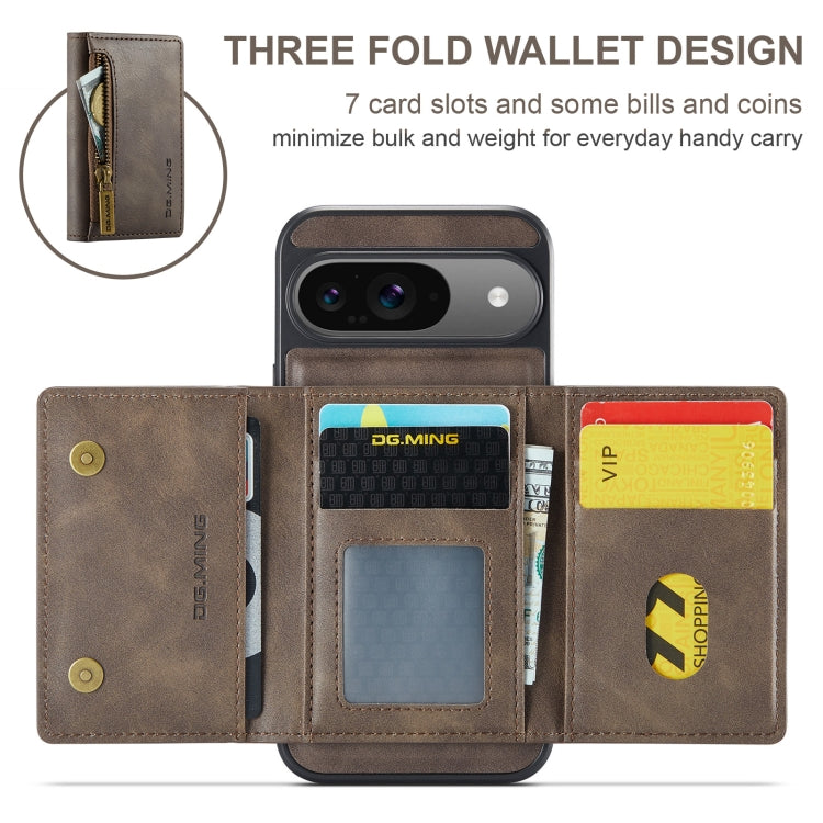 For Google Pixel 9 / 9 Pro DG.MING M5 Series Zip RFID Multi Card Detachable Leather Phone Case(Coffee)