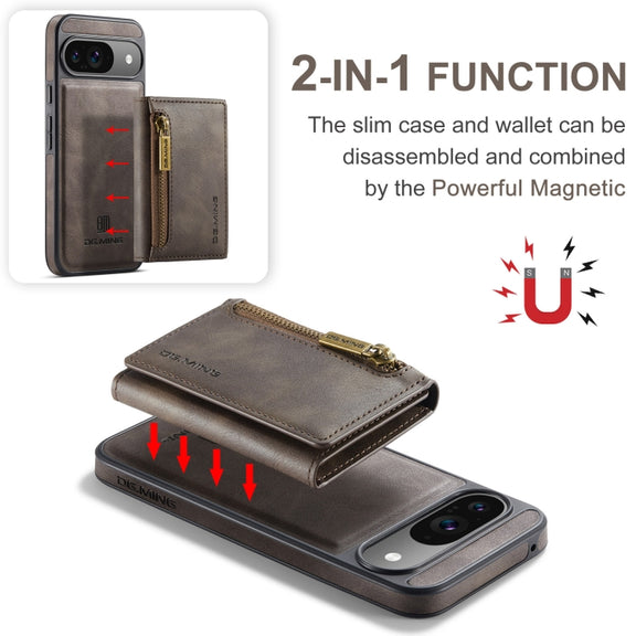 For Google Pixel 9 / 9 Pro DG.MING M5 Series Zip RFID Multi Card Detachable Leather Phone Case(Coffee)